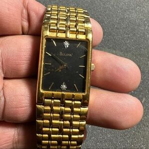 Bulova T4 Quartz Tank Watches His And Hers Gold Tone Black Dial Diamond Accents